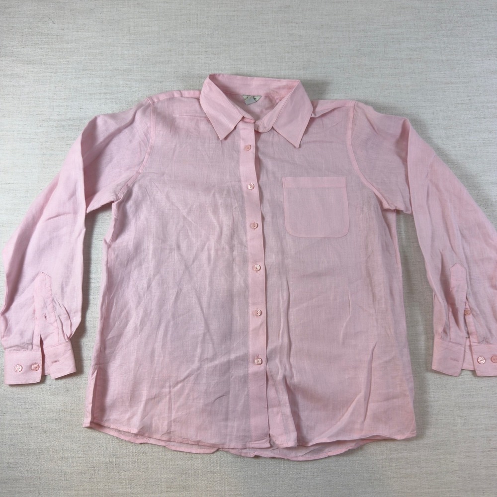 LL Bean Womens Medium Pink Linen Long Sleeve Button Down Shirt Pocket Classic
